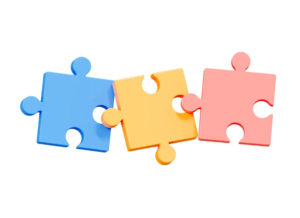 3d jigsaw puzzle pieces. team metaphor. business concept. symbol of teamwork, cooperation, partnership. cartoon creative design icon isolated. 3d rendering